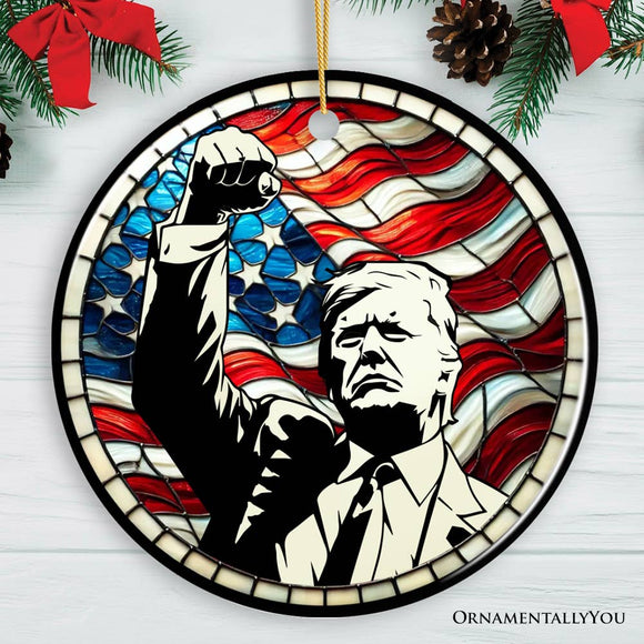 Trump with Raised Fist Stained Glass Christmas Ornament