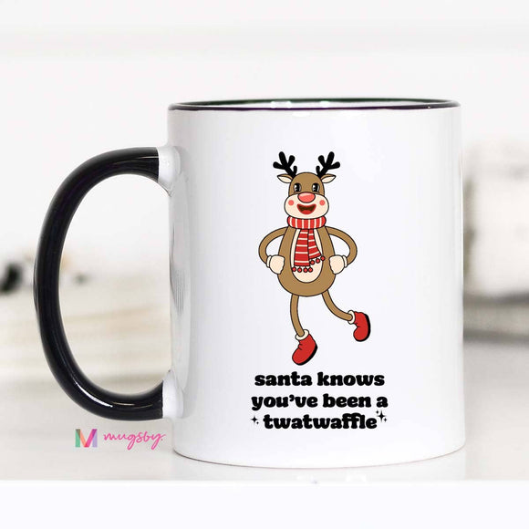 Santa Knows Retro Funny Christmas Coffee Mug, Reindeer