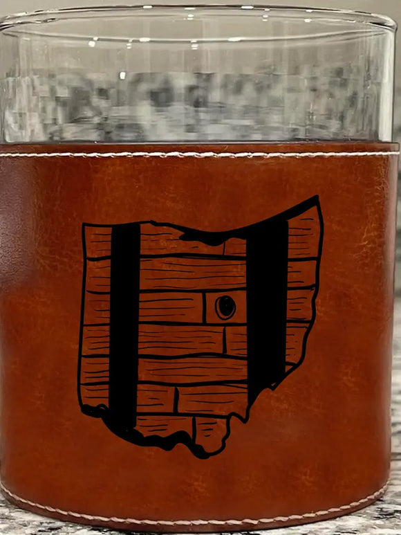 Ohio Bourbon barrel stave leather rocks glass