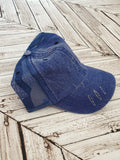 Denim blue hat, add leather engraved patch from Beyond Laser Creations
