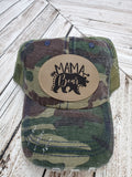 Mama Bear hat in camo with engraved leather patch.